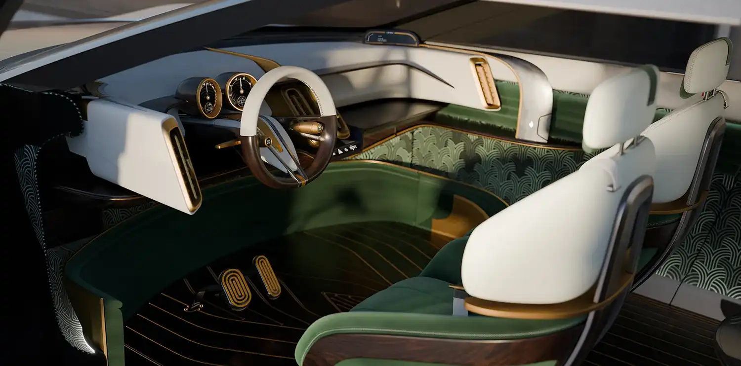Neoclassical driver's cockpit of the L’Epoque with green velvet and wood.
