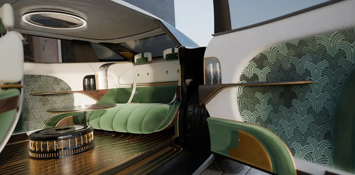 Rear passenger salon of the Aznom L’Epoque with green velvet seating.