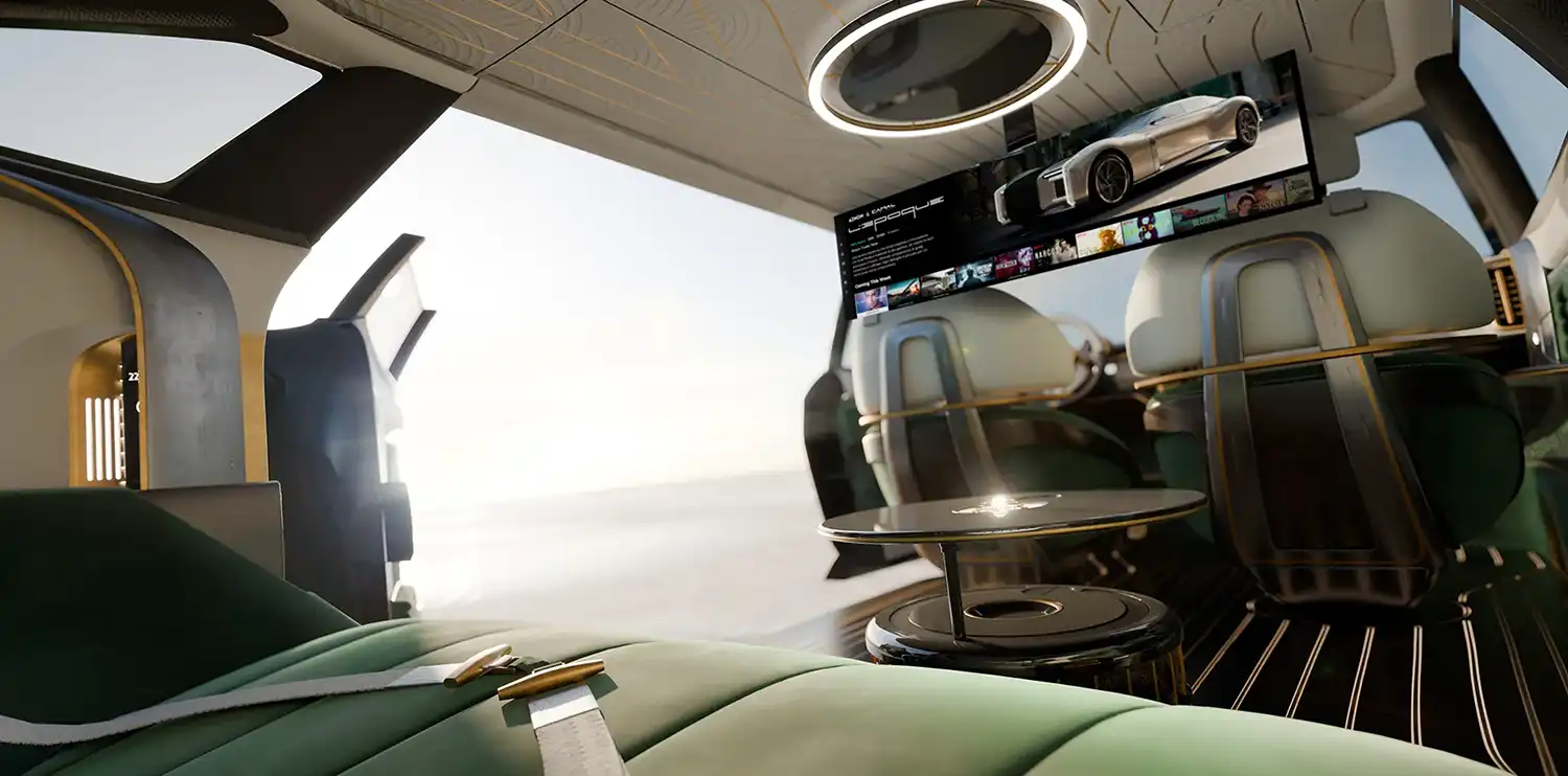 Interior of the L’Epoque looking forward at a large multimedia screen and rotating table.