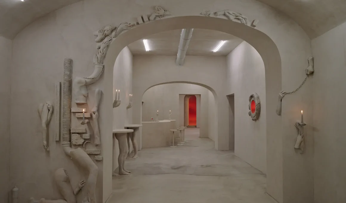 Hallucinatory interior of Bar Far in Rome with plaster reliefs and arched doorways.