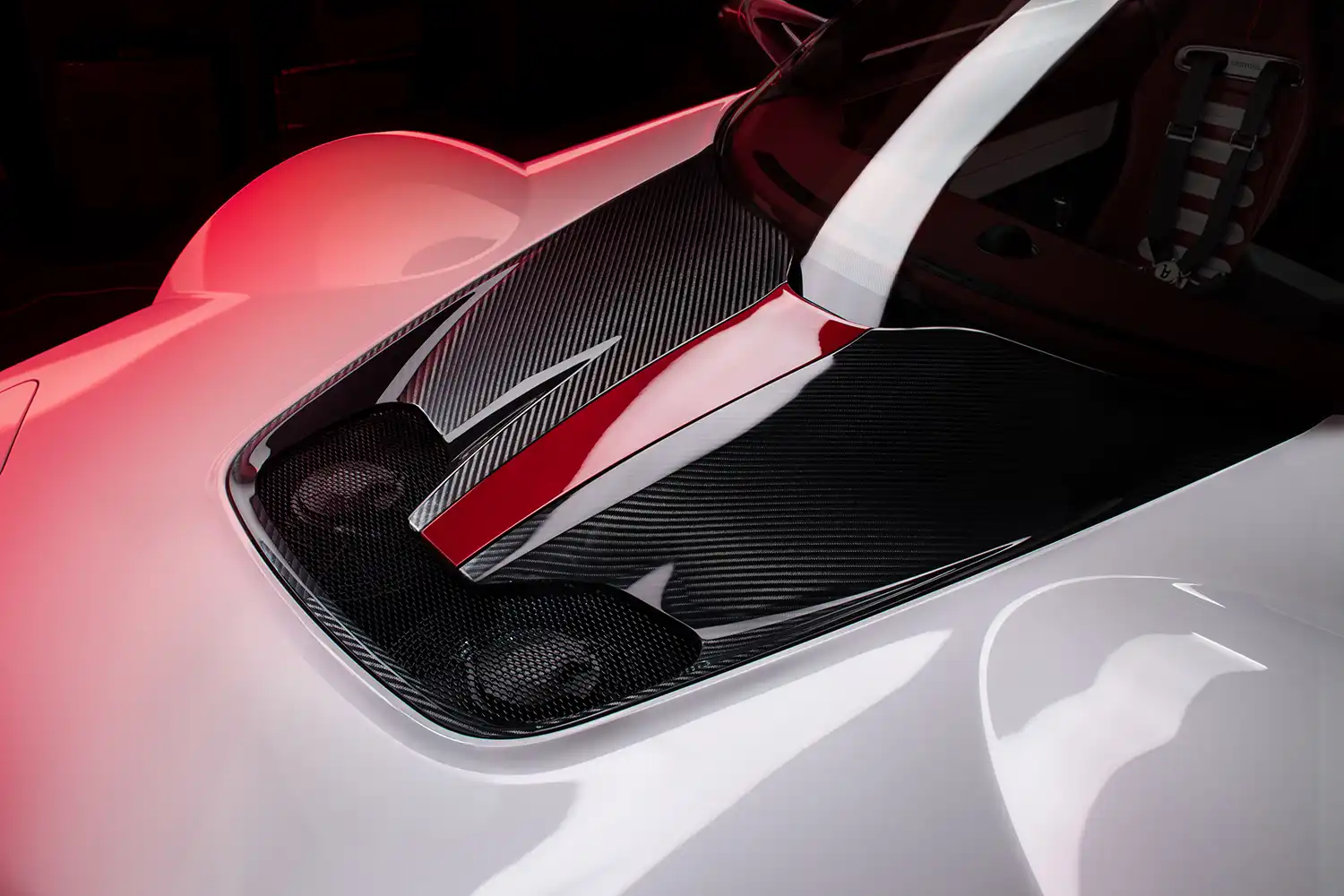 Close-up of the carbon fiber front hood vent on the Bertone Runabout.
