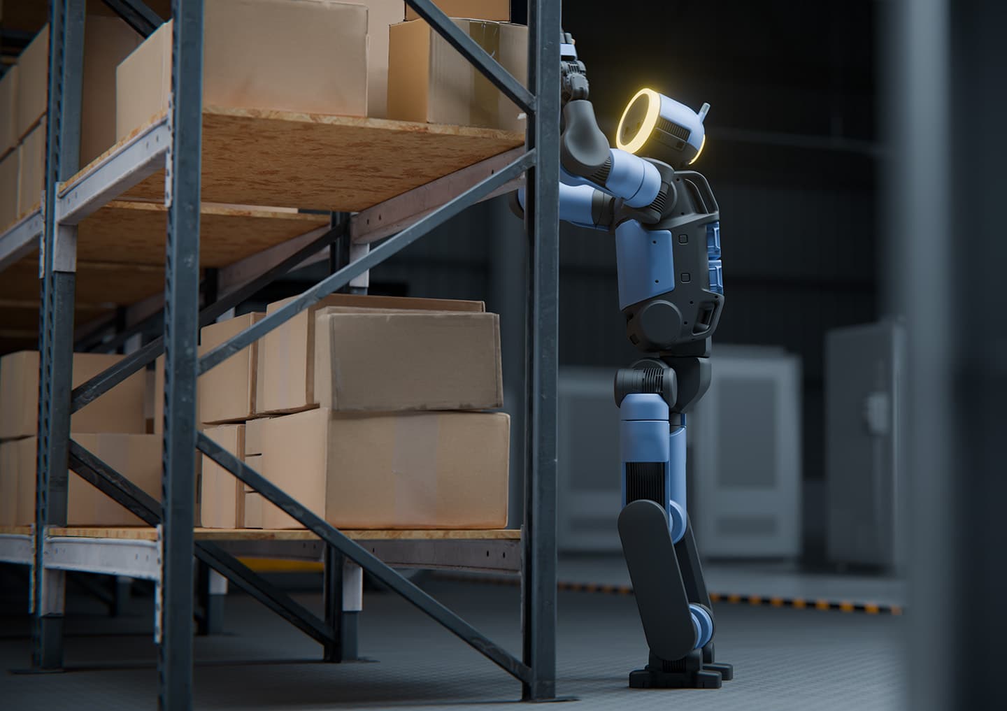 A blue-tinted Atlas humanoid robot standing on its tiptoes to reach the upper level of an industrial shelving unit in a warehouse.
