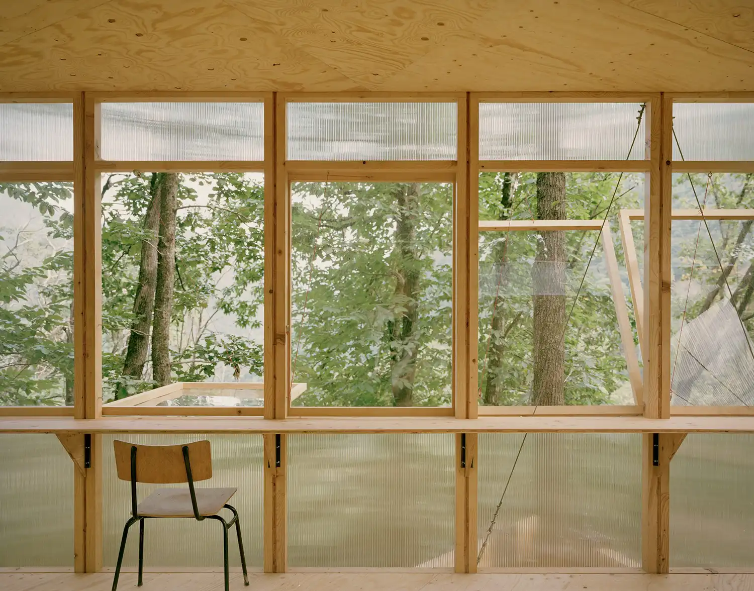 Interior view of a minimalist wooden workspace featuring a long built-in desk facing a row of windows overlooking dense green foliage.