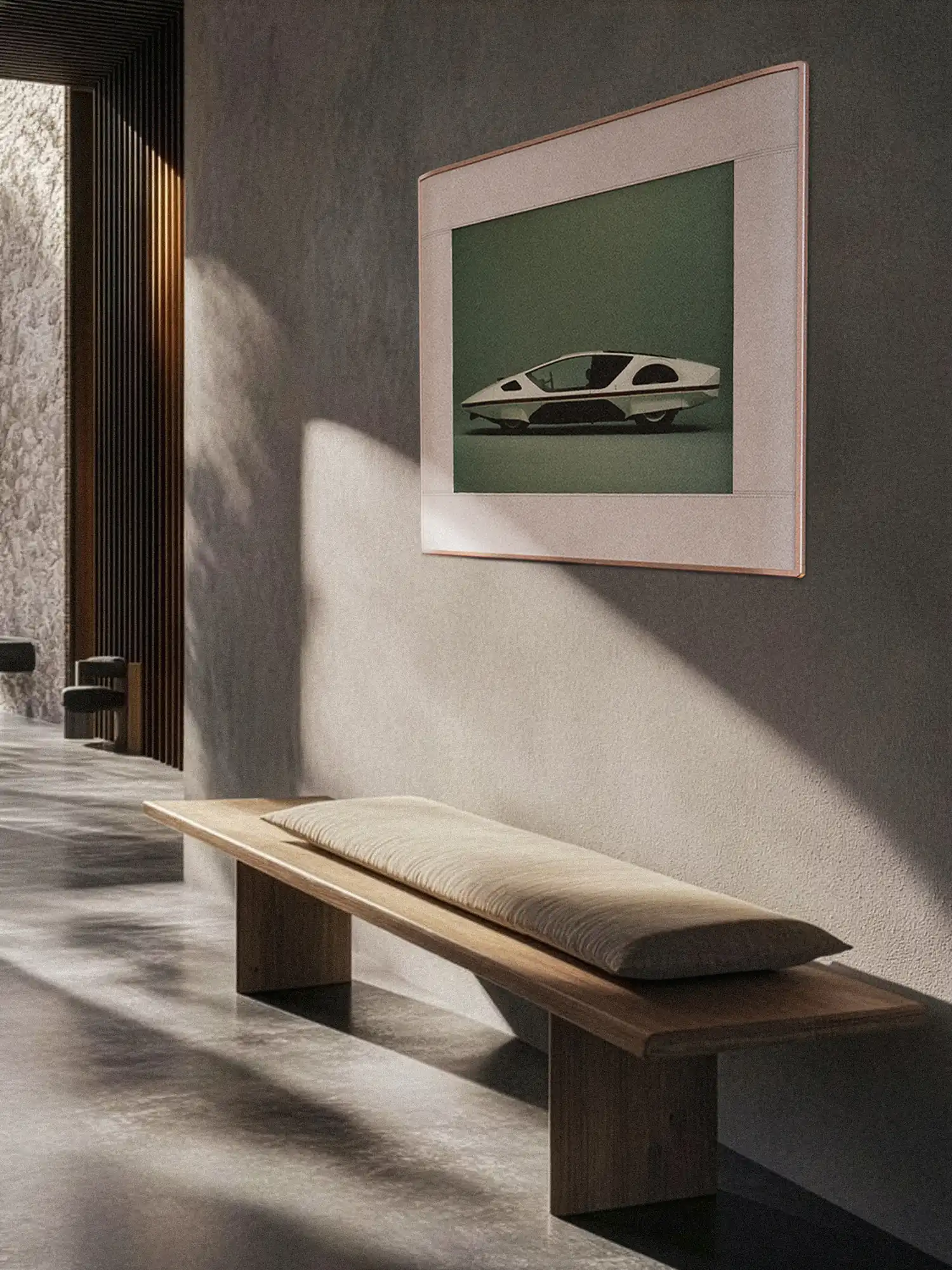 InkPoster Duna mounted in a sunlit minimalist hallway with wooden bench