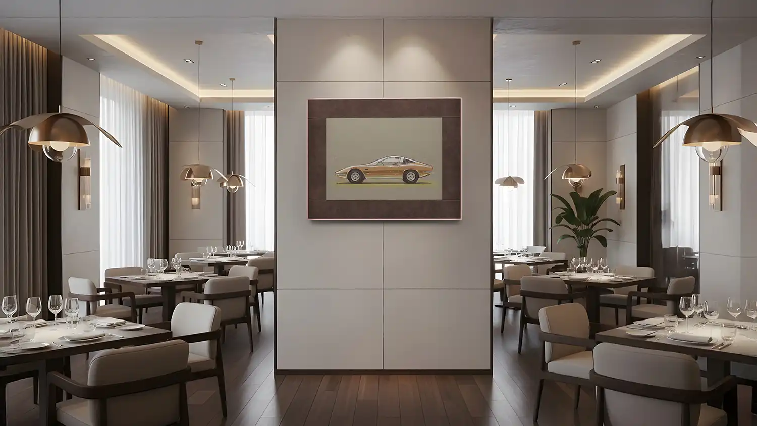 Symmetrical view of Pininfarina Duna art in modern restaurant