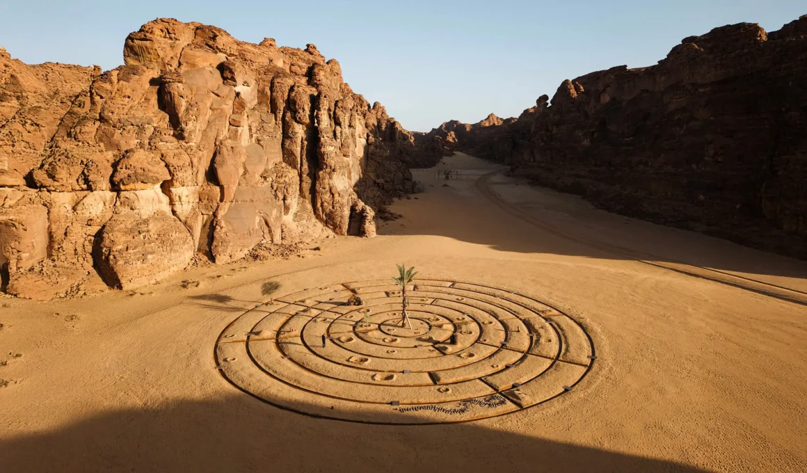 Aerial view of Mohammad Alfaraj's What was the Question Again?, showing concentric sand circles around a central palm tree in a desert canyon.