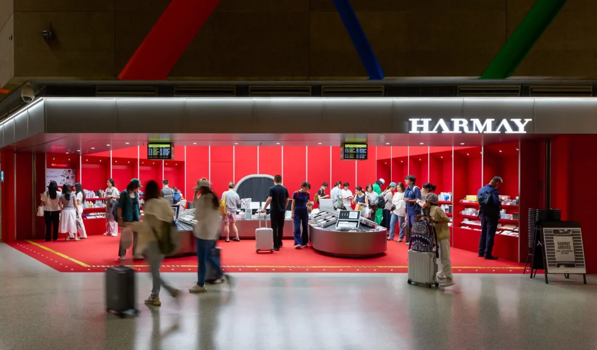 Harmay Shanghai Hongqiao Airport red retail interior design by AIM Architecture industrial chic boutique