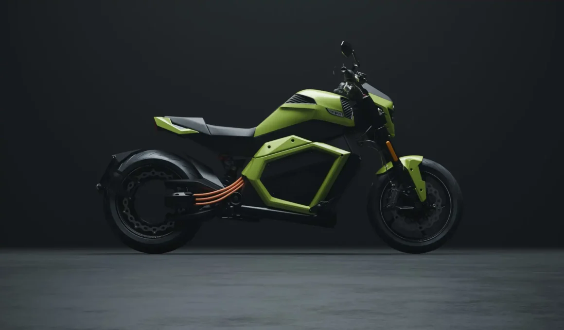 Side view of Verge TS Pro motorcycle featuring the innovative solid-state battery module and hubless in-wheel motor.