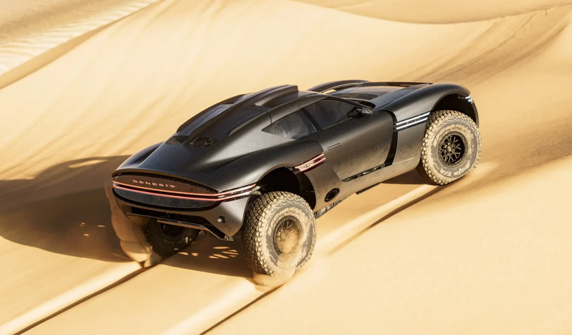 Rear 3/4 view of the Genesis X Skorpio Concept showing carbon-fiber texture.