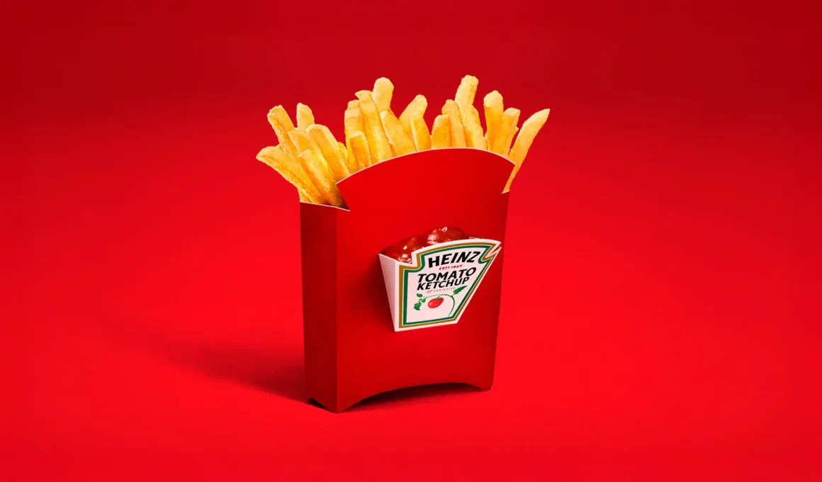 A studio shot of the red HEINZ Dipper fry box against a vibrant red background, featuring a built-in front compartment filled with ketchup and golden french fries.