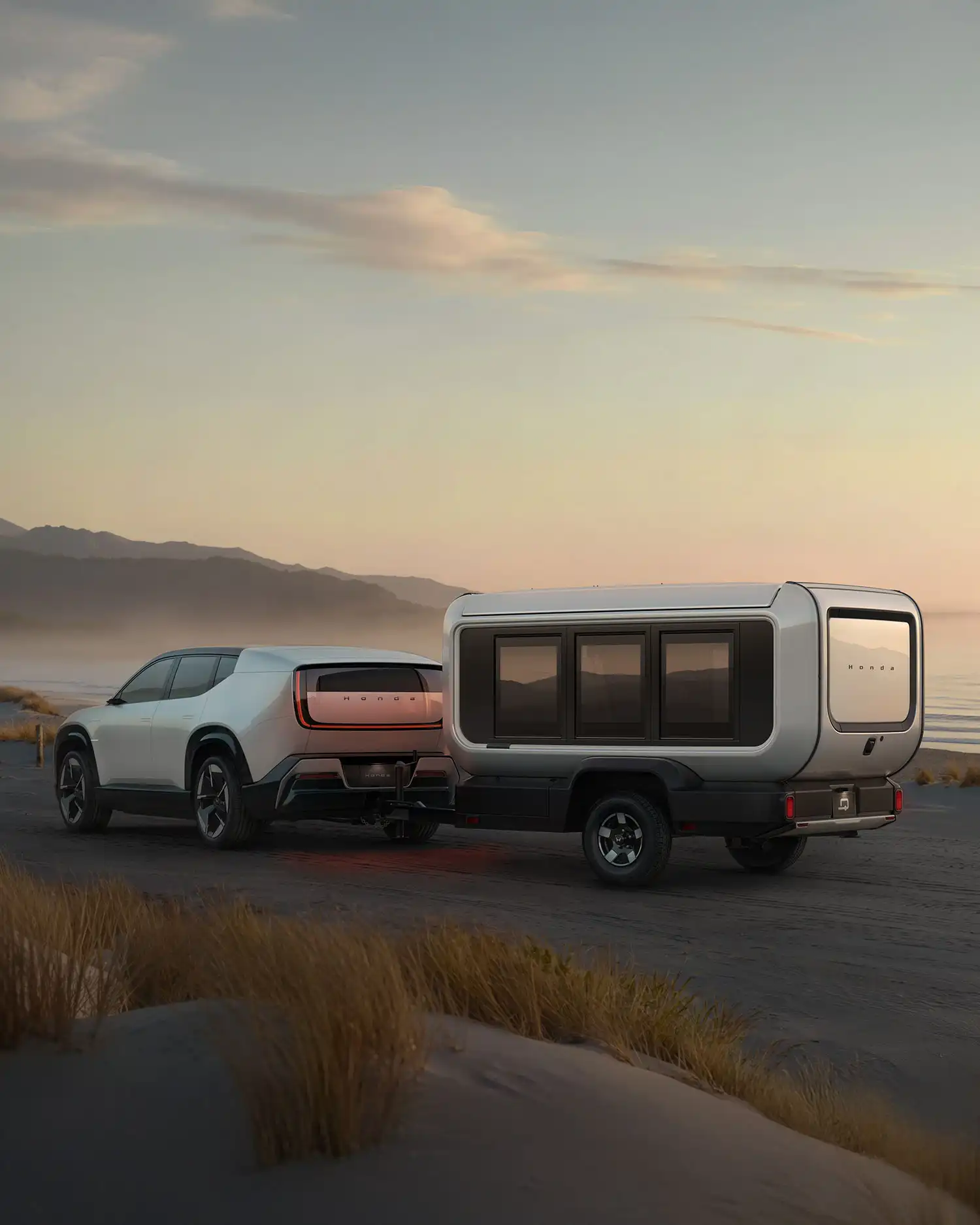 Exterior profile of the Honda Base Station Prototype in transit mode, highlighting the compact, aerodynamic design and signature window light rings.