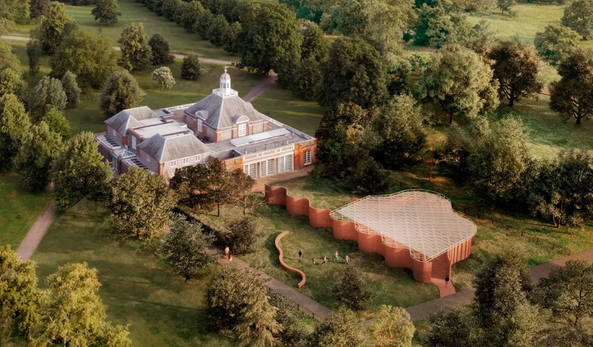 Aerial view of the 2026 Serpentine Pavilion by LANZA atelier showing sinuous brick walls adjacent to the historic Serpentine South Gallery in Kensington Gardens, London.