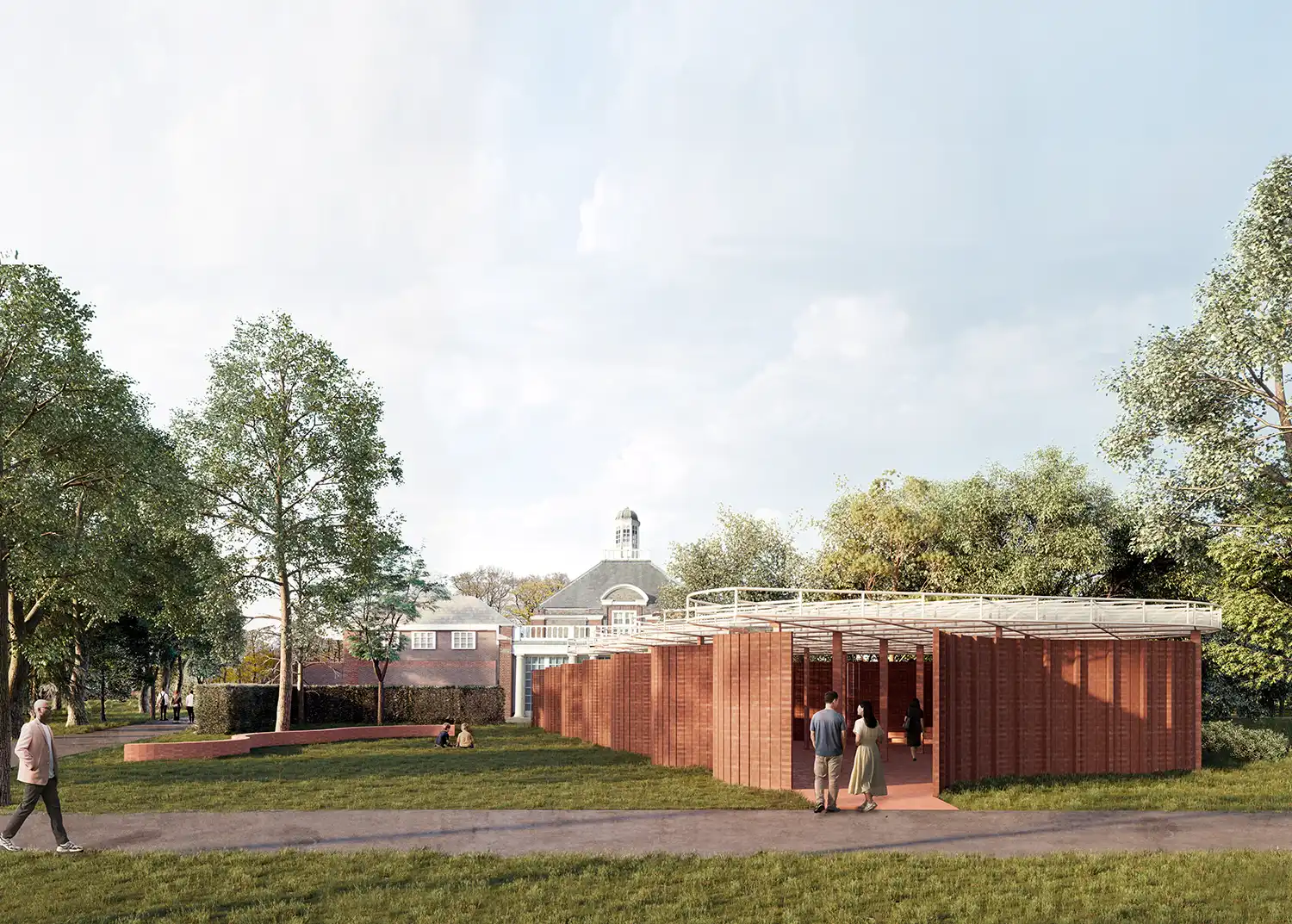 Exterior rendering of LANZA atelier’s Serpentine Pavilion featuring undulating red brick masonry and a lightweight translucent roof structure in a park setting.