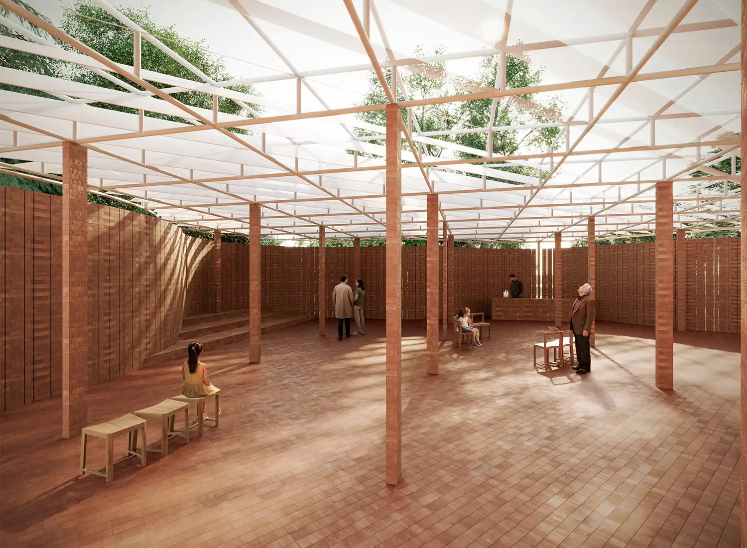 Interior view of the 2026 Serpentine Pavilion showing red brick columns, a geometric white roof, and natural light filtering through the structure.