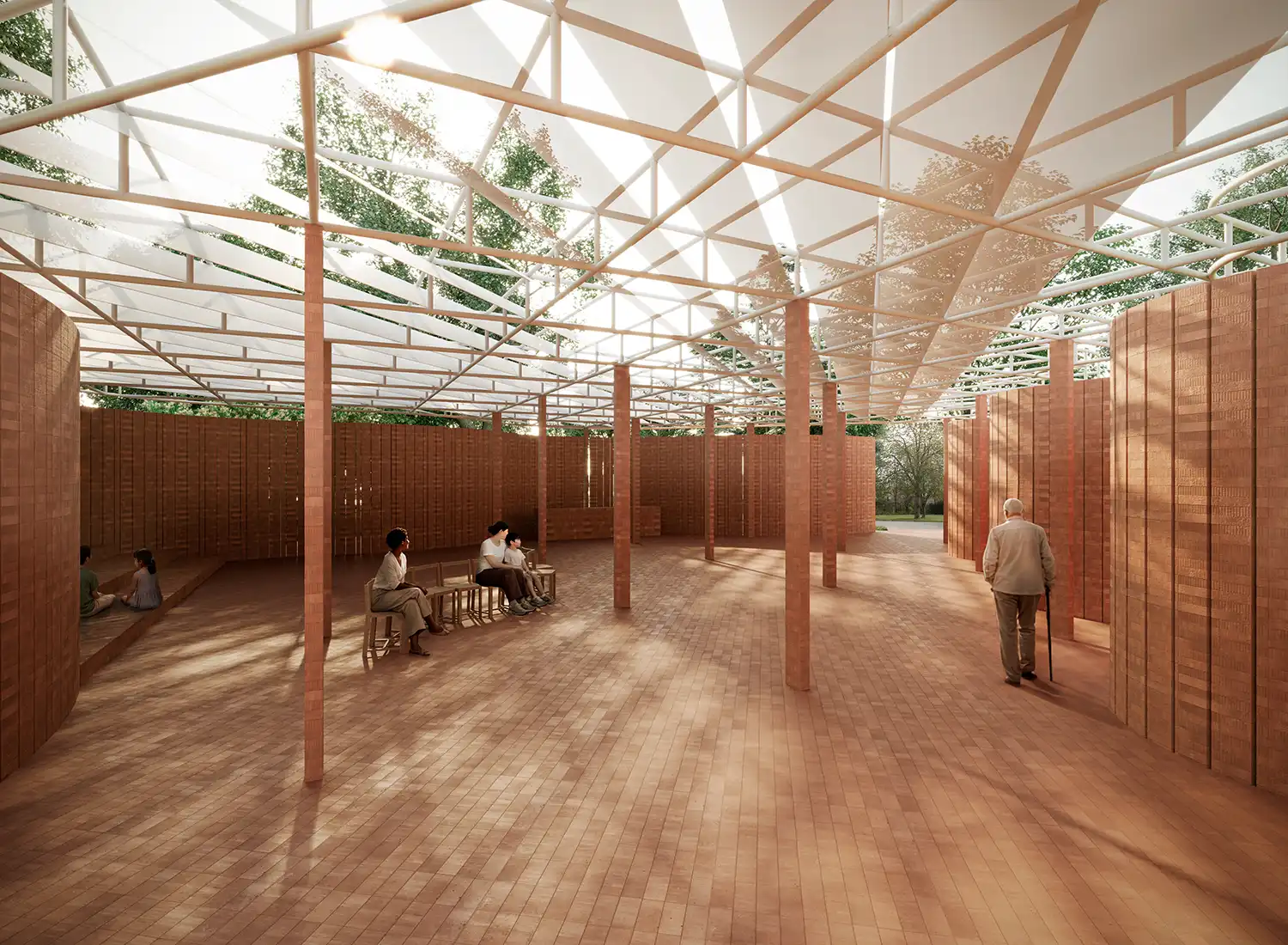 Interior architectural rendering of the 2026 Serpentine Pavilion by LANZA atelier featuring permeable brick walls and a translucent canopy.