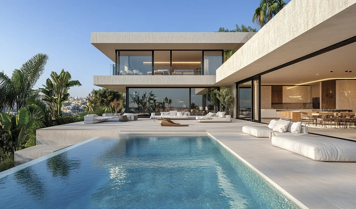 Modern modular outdoor seating and sculptural chairs on a luxury Los Angeles terrace overlooking a minimalist garden.