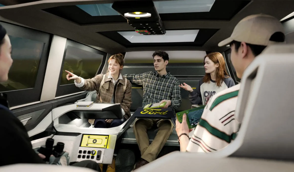 A group of four young adults interacting inside the Ford Rapport's social cabin, which features face-to-face seating and a glass roof.