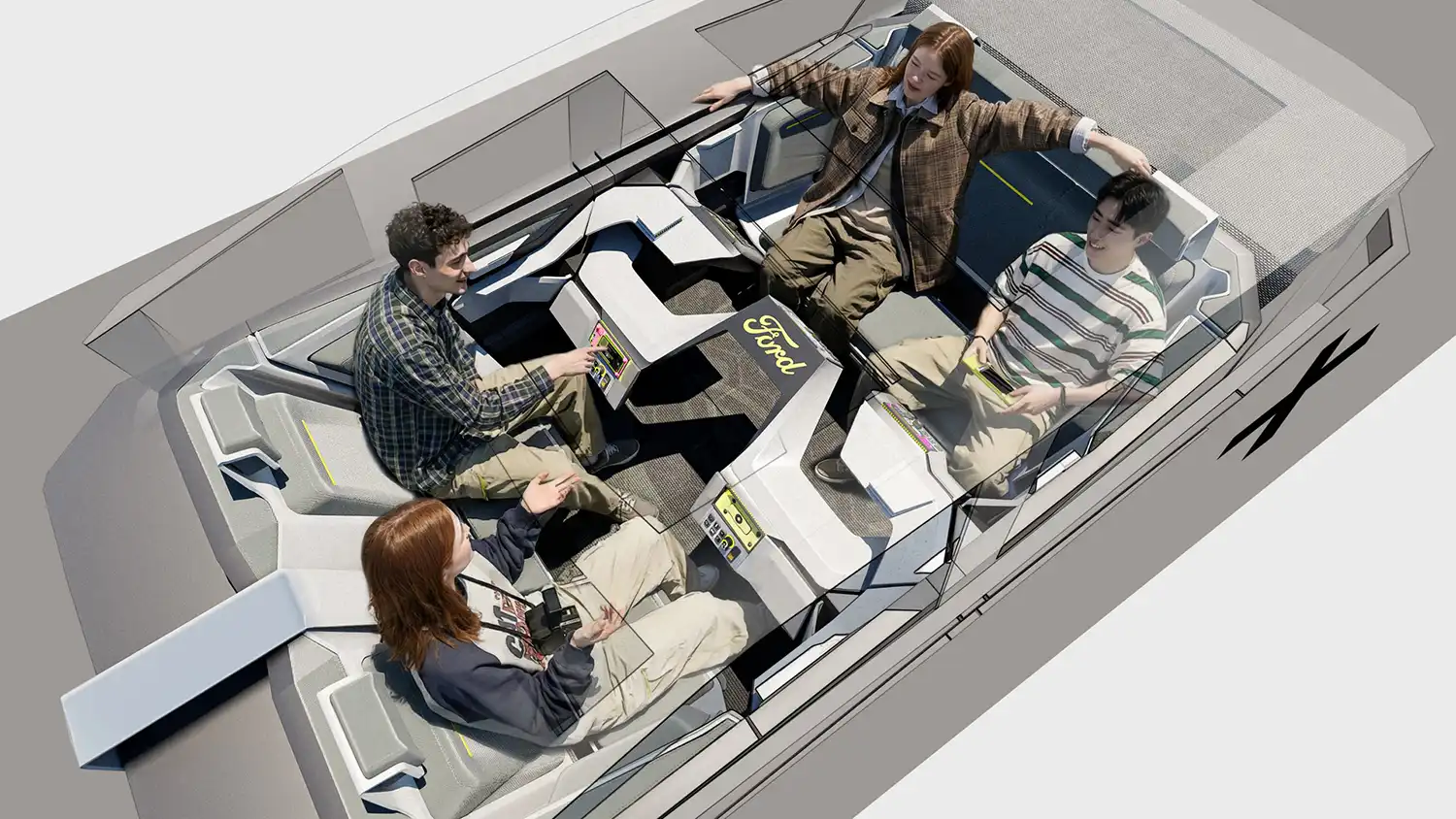 Alt Text: Overhead rendering of the Ford Rapport interior showing four passengers in a lounge-like, face-to-face seating arrangement.