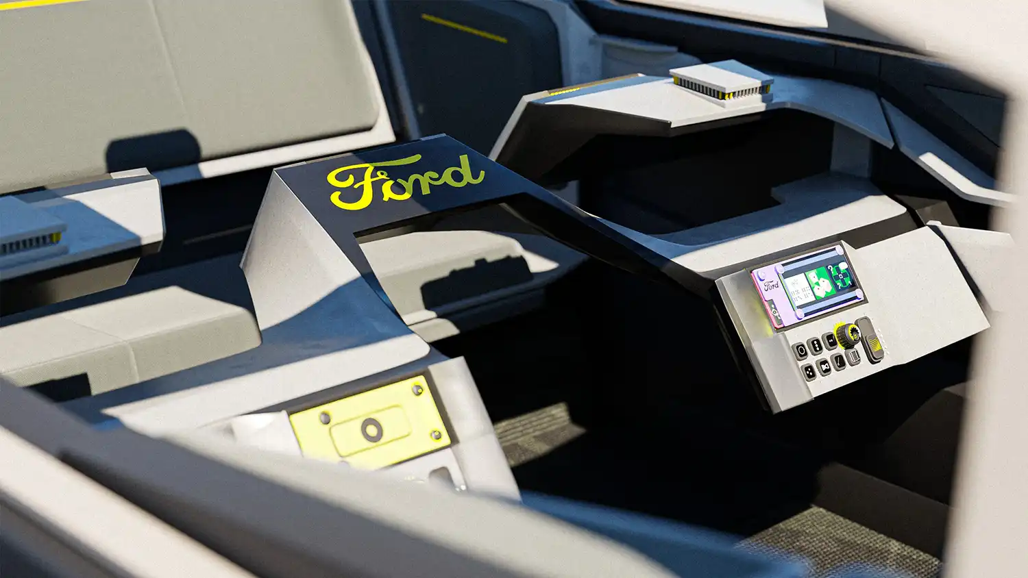 Detail of the Ford Rapport central console featuring a minimalist "Ford" logo and a modular infotainment screen.
