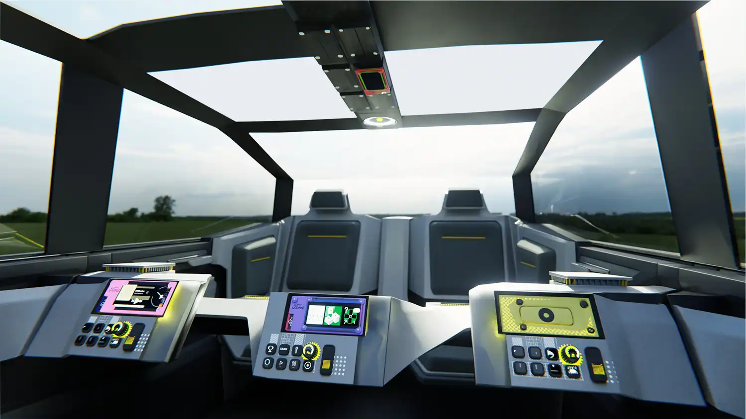 Interior view of the Ford Rapport vehicle concept showing a decentralized dashboard with multiple interactive screens.