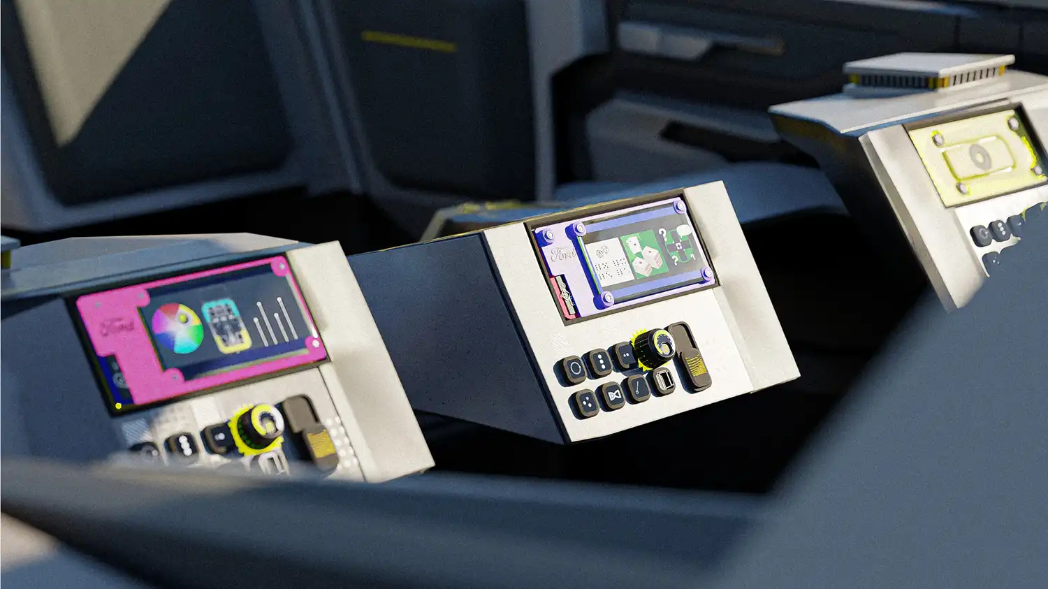 A side-by-side view of individual modular task screens within the Ford Rapport interior.