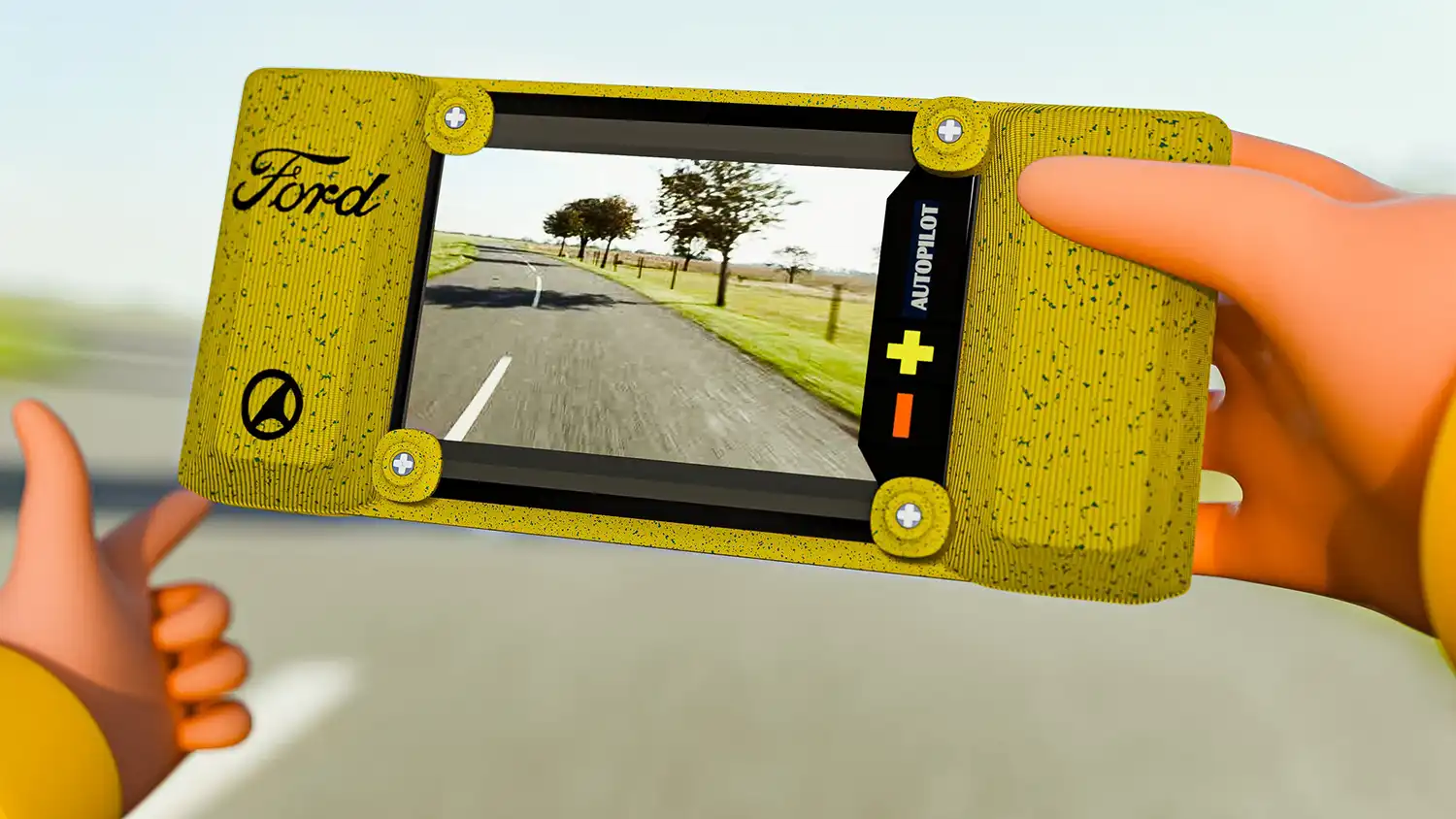 A close-up of a yellow handheld steering unit for the Ford Rapport concept showing an autopilot interface.