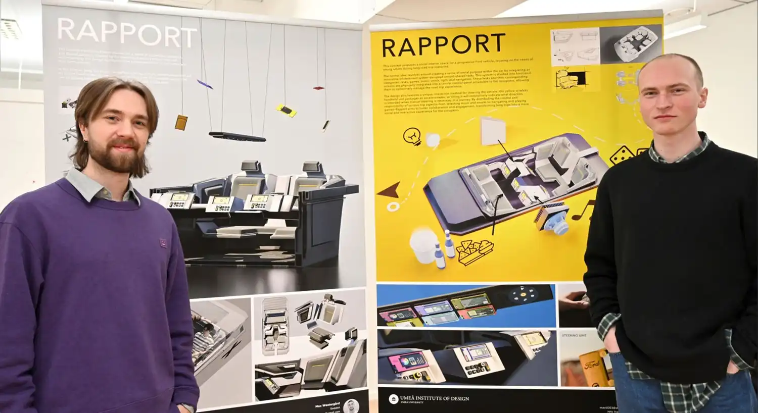 Designers Max Westergård and Viggo Bergström standing next to their Rapport concept presentation boards at Umeå Institute of Design.