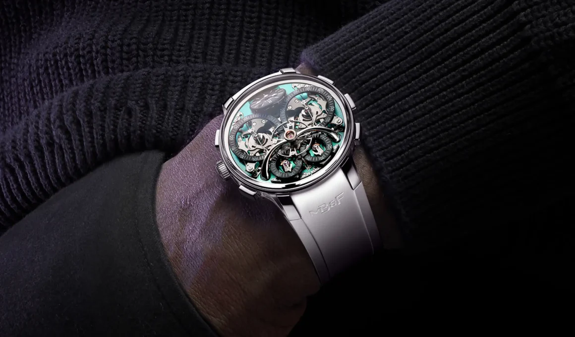 MB&F LM Sequential Flyback EVO on wrist with aquamarine dial and white strap.