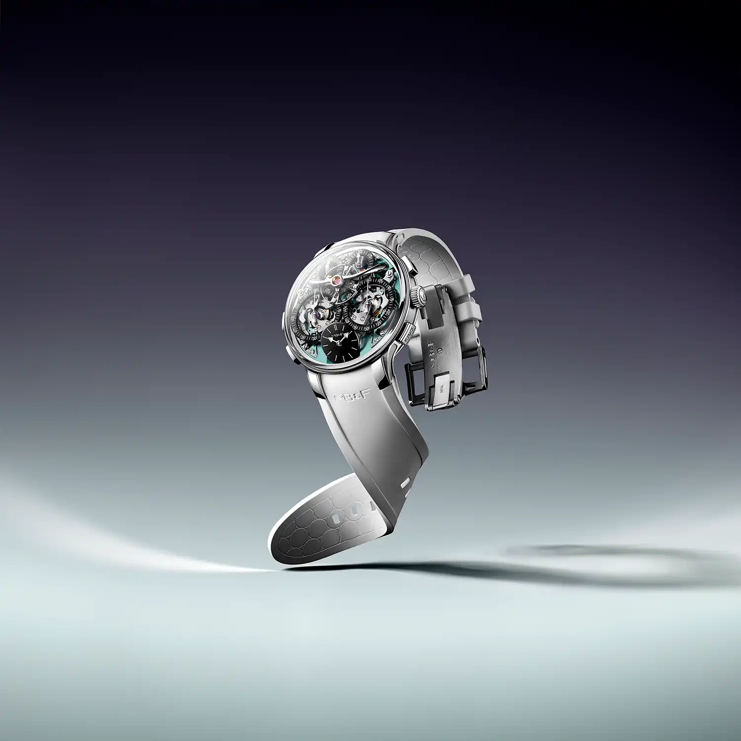 Floating view of MB&F LM Sequential Flyback EVO showing integrated strap architecture.