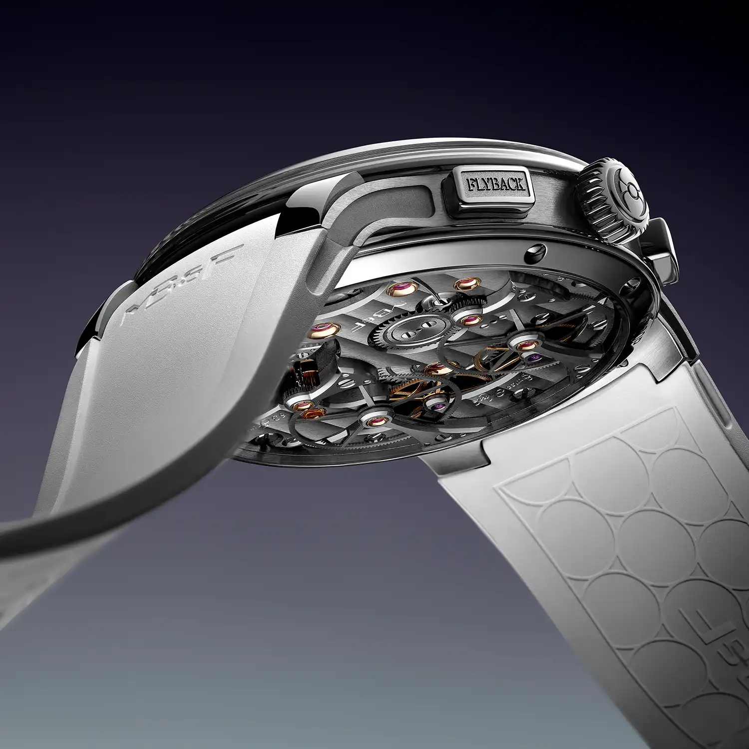Low-angle view of MB&F case side showing "Flyback" pusher and movement.