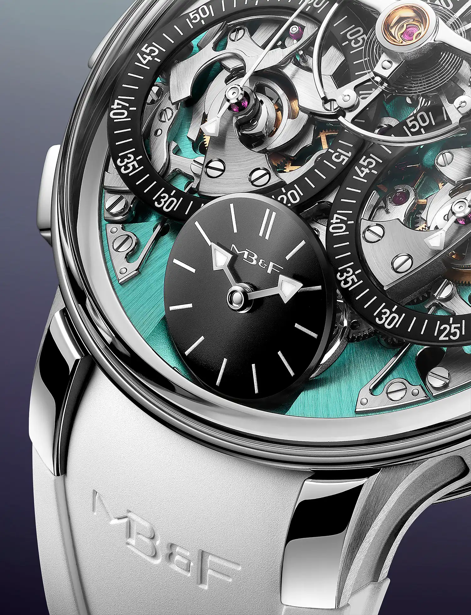 Detailed view of the 50-degree tilted time dial on the LM Sequential Flyback EVO.