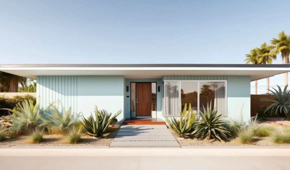 Mid-century modern custom home in Brisbane featuring a light blue facade, flat roof, and desert-inspired landscaping with agave plants.