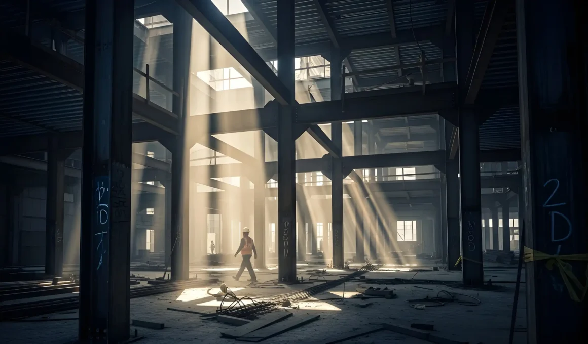 A lone construction worker walking through a massive steel-reinforced building structure with dramatic sunlight filtering through the beams.