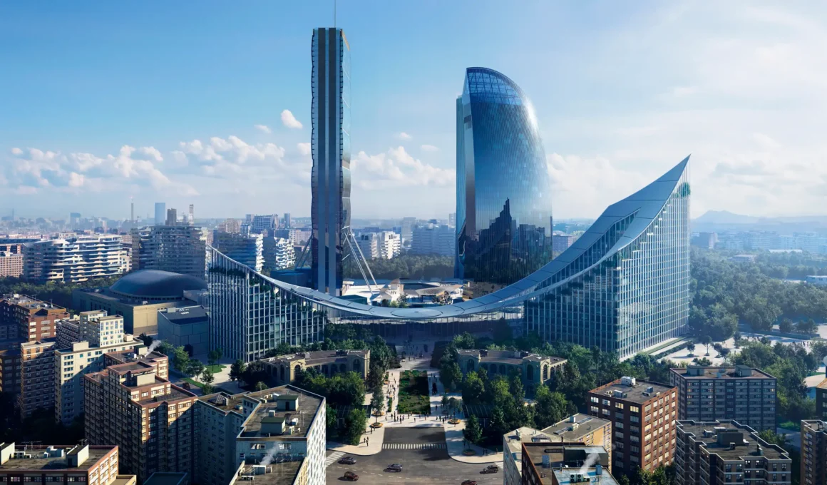 A wide-angle architectural rendering of the CityWave project by BIG in Milan, featuring a massive, sweeping catenary roof that connects two glass office towers, creating a shaded public plaza below against a clear blue city skyline.