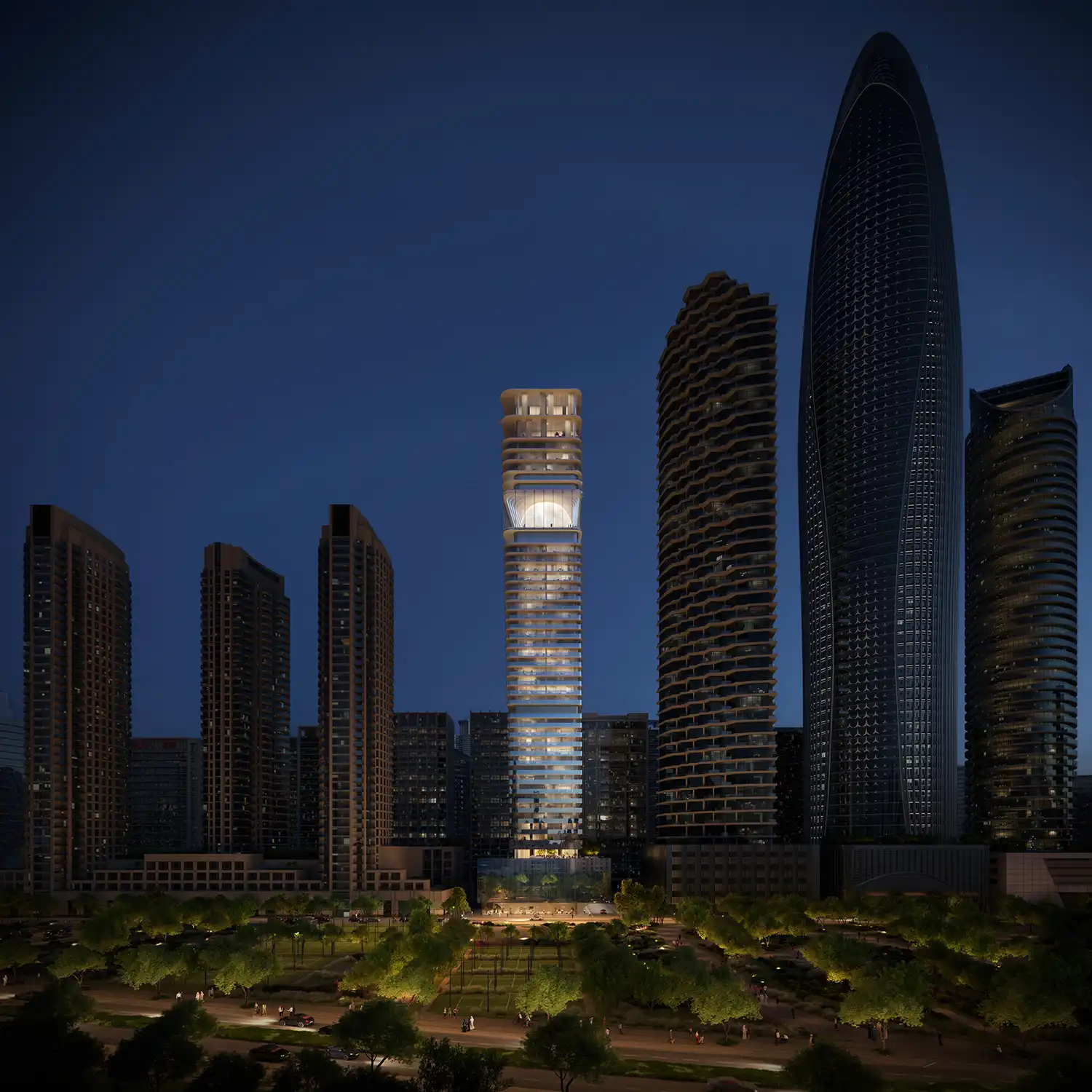 Full-length night rendering of MVRDV’s Inaura tower standing between taller skyscrapers in Dubai.