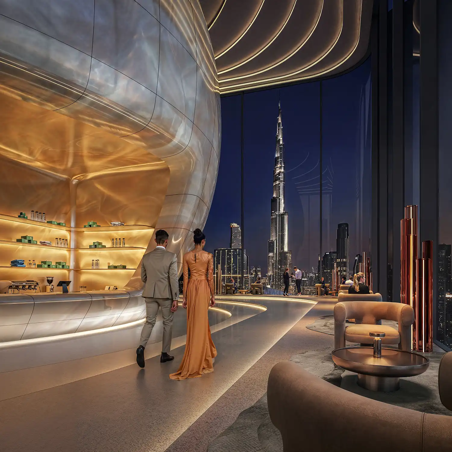 Interior rendering of the Inaura Sky Lounge showing the metallic, pearlescent surface of the central orb and luxury seating.