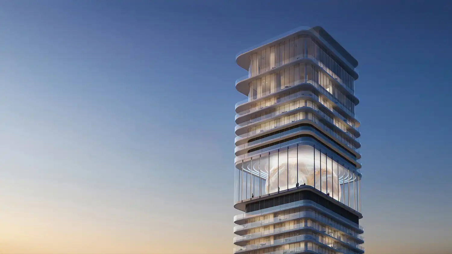 Daytime architectural rendering of the upper section of Inaura tower by MVRDV showing deep balconies.