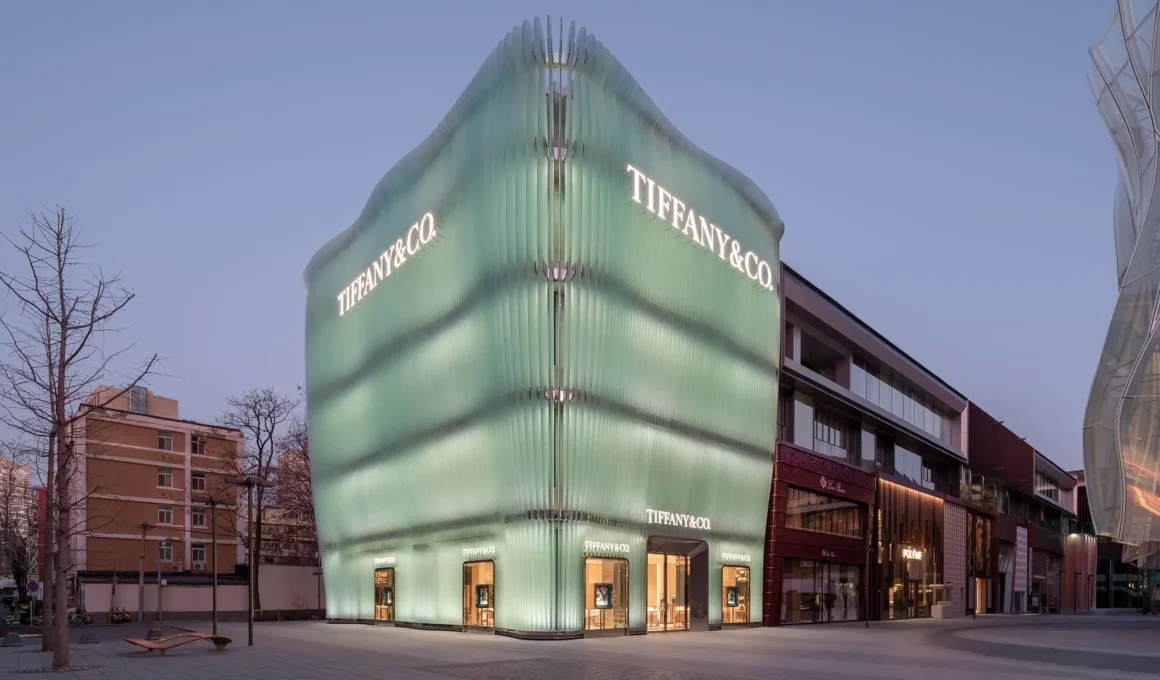 MVRDV Tiffany Beijing flagship corner view night illumination.