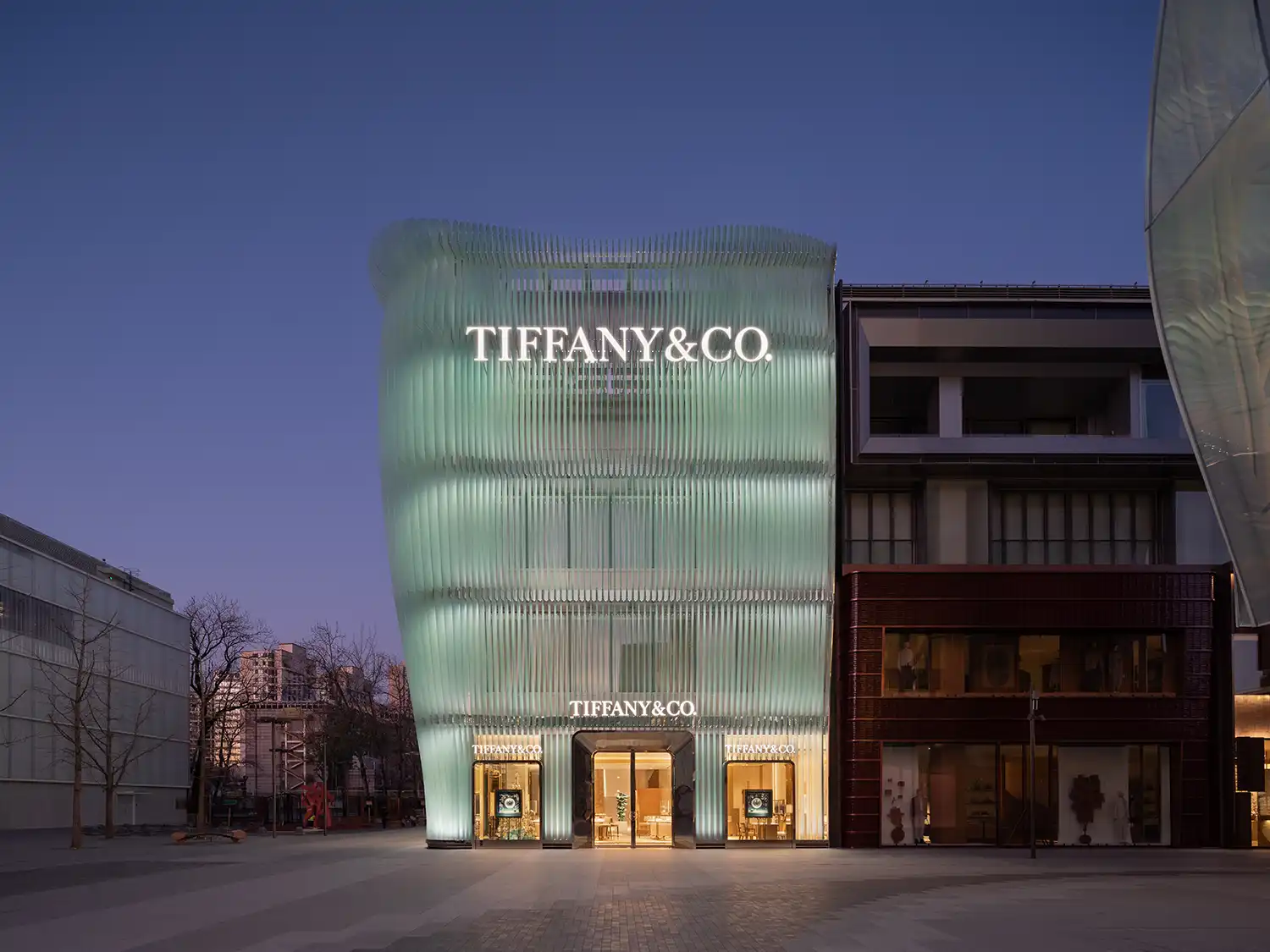 Frontal night view of Tiffany & Co flagship Beijing by MVRDV.