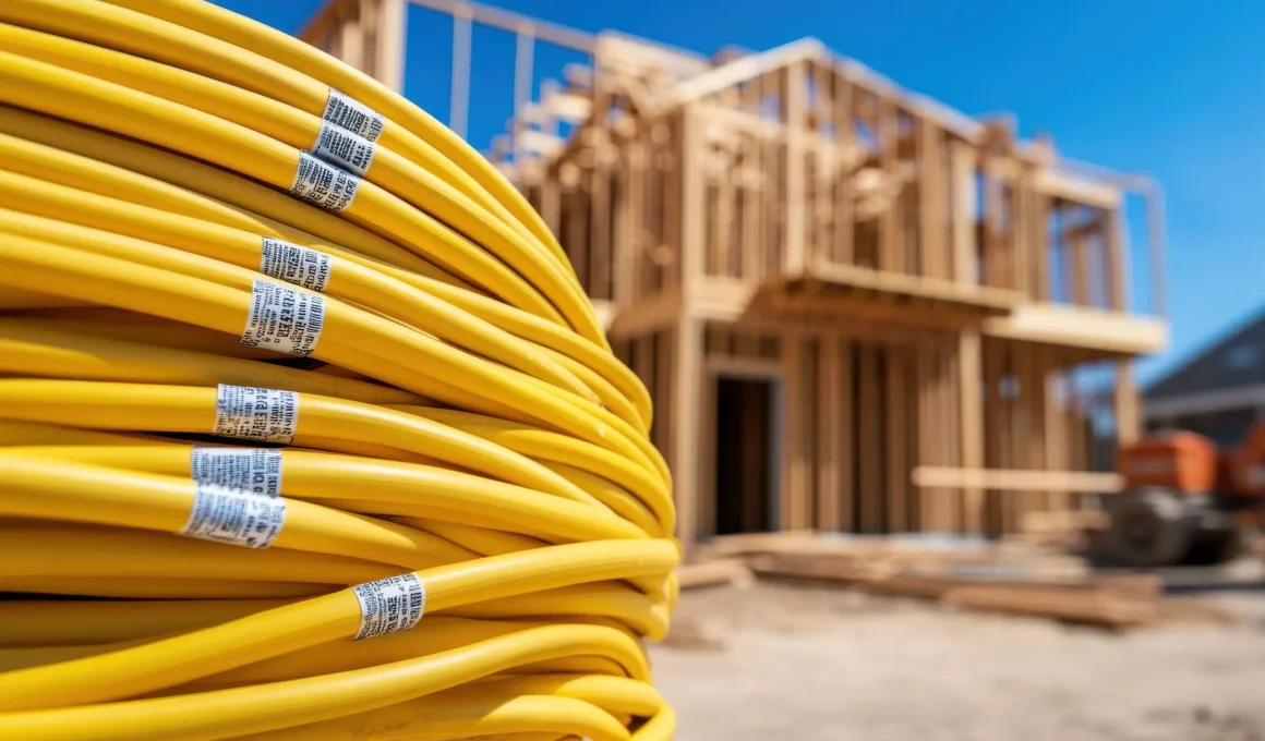 Large-scale residential construction site featuring rolls of yellow electrical wiring, representing the infrastructure standards of NASCLA certified contractors.