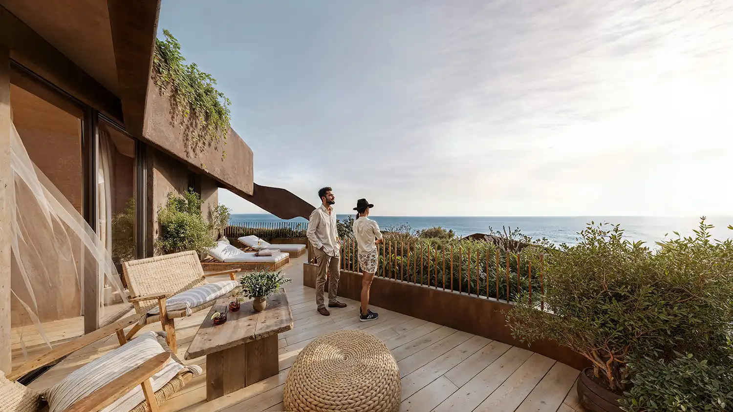 Private apartment terrace with wooden decking and sea view