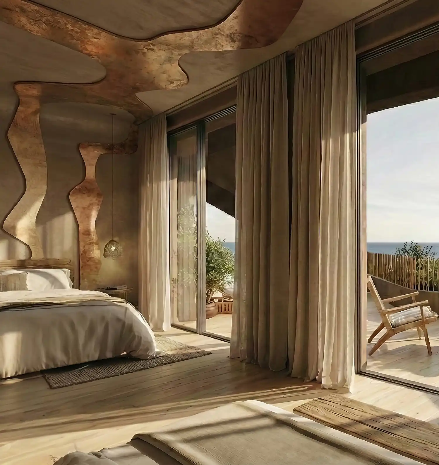 Interior of a luxury bedroom with organic ceiling patterns and terrace access