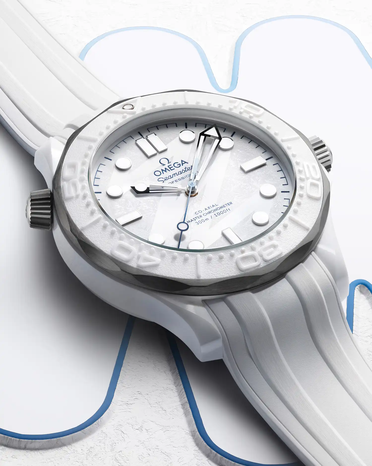 Close-up angled view of the OMEGA Seamaster showing the titanium case, ceramic bezel, and white rubber strap.
