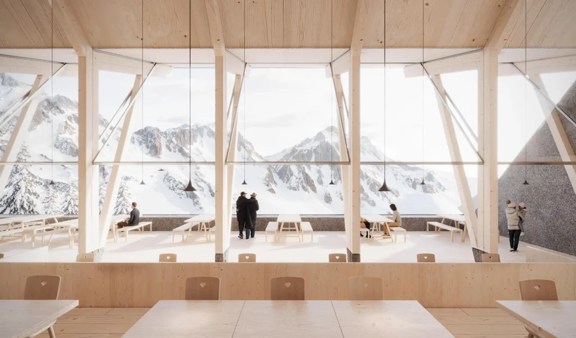 Interior view of alpine hut with wooden benches and mountain vista