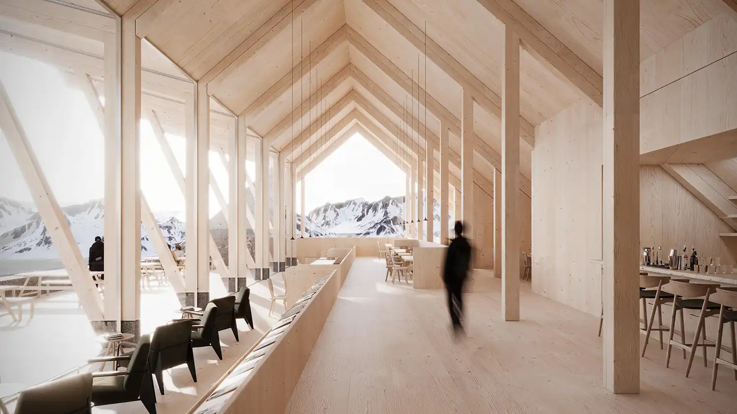 Minimalist timber interior of the mountain station in Lombardy