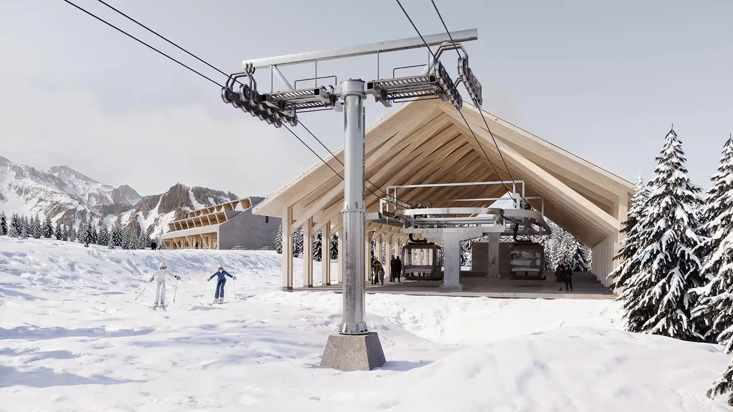 Gondola station entrance with geometric wooden roof in the snow