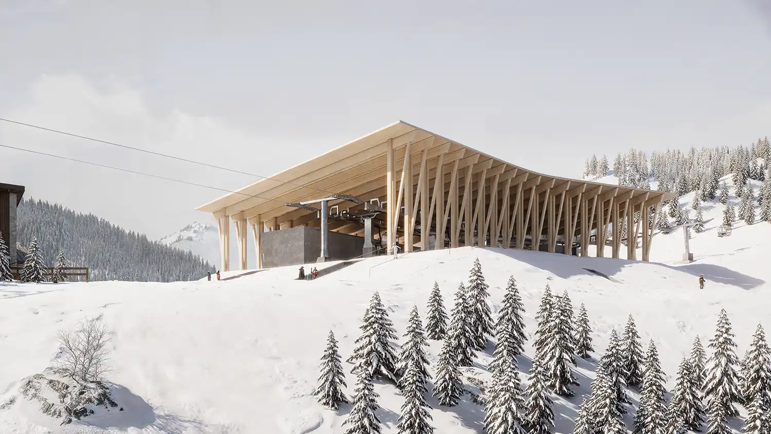 Large-scale timber roof structure of the Valbione station