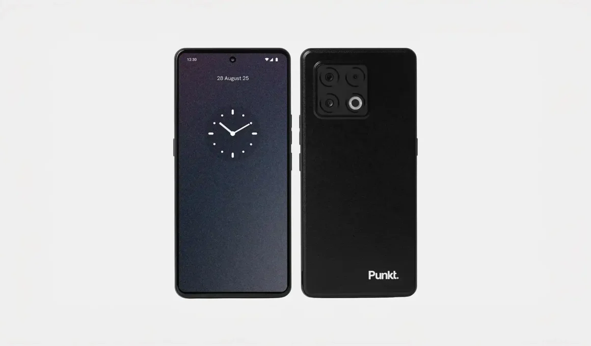 Front and back view of the Punkt MC03 privacy smartphone featuring a minimalist black design, a sleek OLED display with an analog clock interface, and a premium textured rear casing with the Punkt logo.