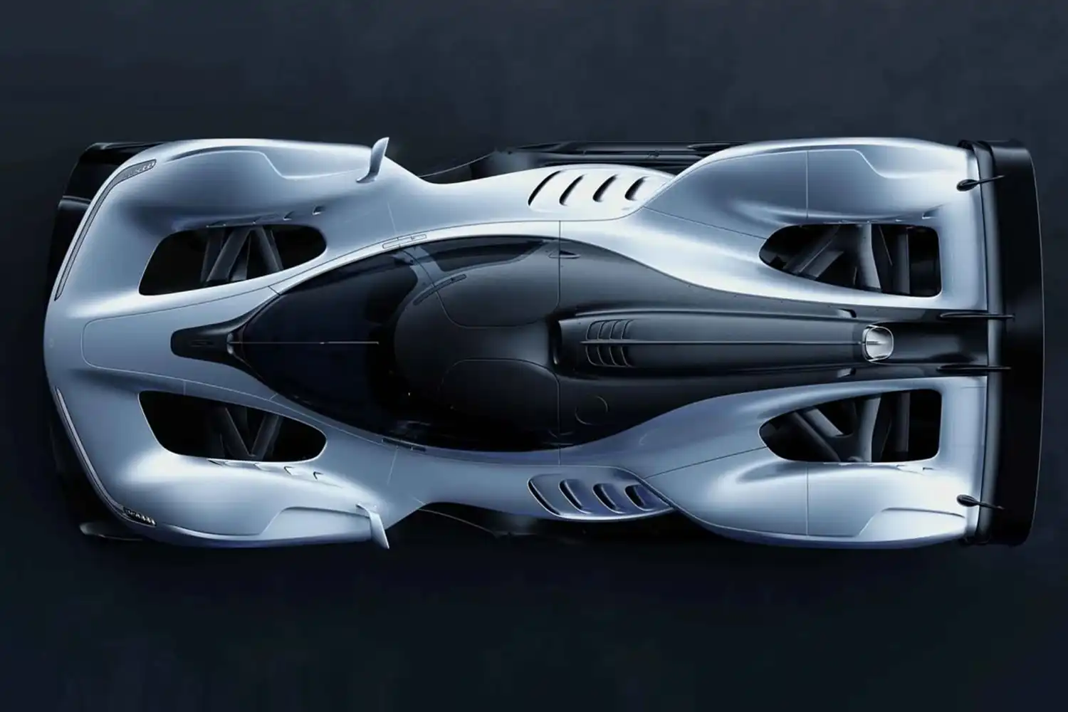 Overhead view of the RB17, revealing the teardrop-shaped cockpit, sculpted sidepods, and the intricate flow of the silver bodywork over the mechanical internals.