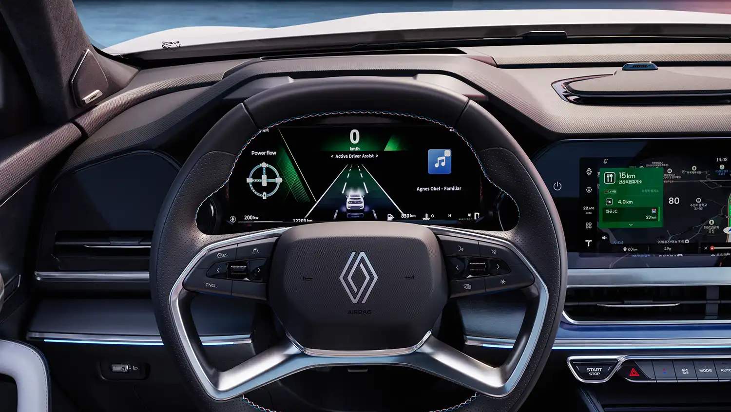 Interior view of the Renault Filante dashboard featuring the 37-inch OpenR Panorama screen, blue-white-red stitching of the Esprit Alpine trim, and recycled textile finishes.